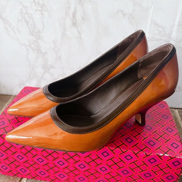 Tory Burch Angle Pointed Toe Heel Pump Tan Cuoio/chocolate Patent Leather US 7 - Picture 2 of 8